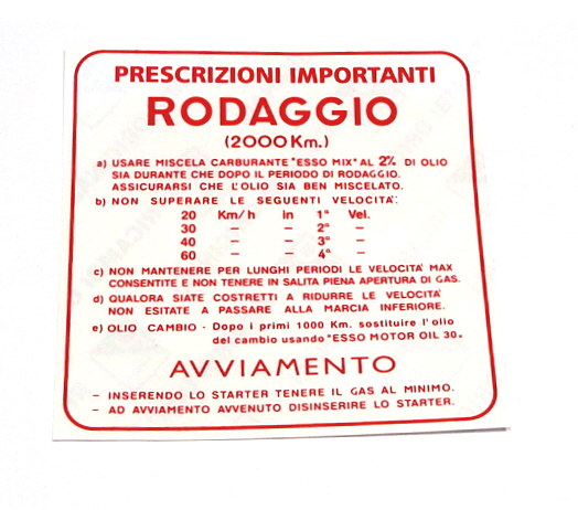 Σήμα - αυτοκόλλητο "RODAGGIO" για στρώσιμο κινητήρα.