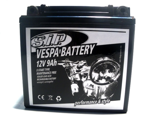 Battery SIP 12V/9Ah Vespa PX/Lusso/T5/Cosa E-Start PIAGGIO 125/150cc 2T/4T AC/LC sealed, maintenance-free 135x75x139mm