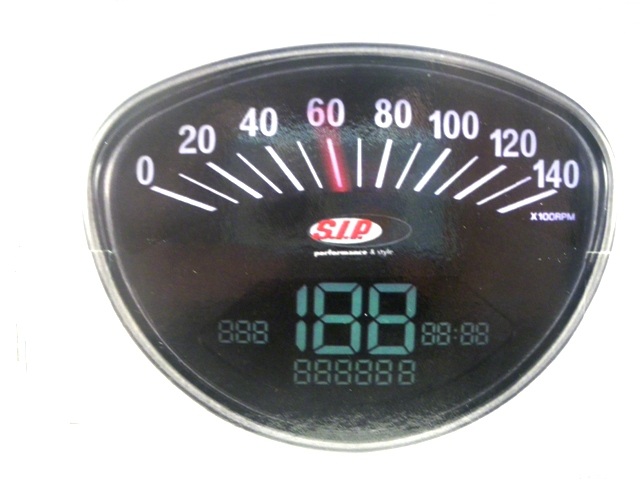 Rev counter/ Speedometer Vespa 125-ET3- Super-SprintV-GTR-TS-Rally 0-12.000 U/min analog/digital 0 - 199 km/h / 0-125 mph digitall, Ø mph, m/day,total miles, temperature gauge, clock