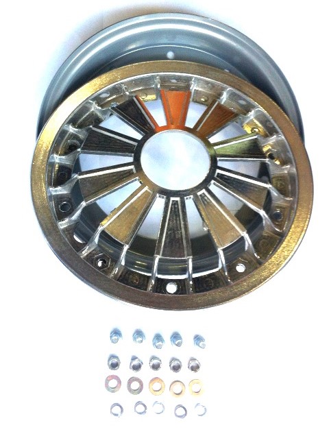 Wheel rim star, classic style, closed, 2.10-10, for Vespa PE, Sprint, Rally, PX, T5, TS, GT, GTR. The one piece is alluminium, the other is steel.