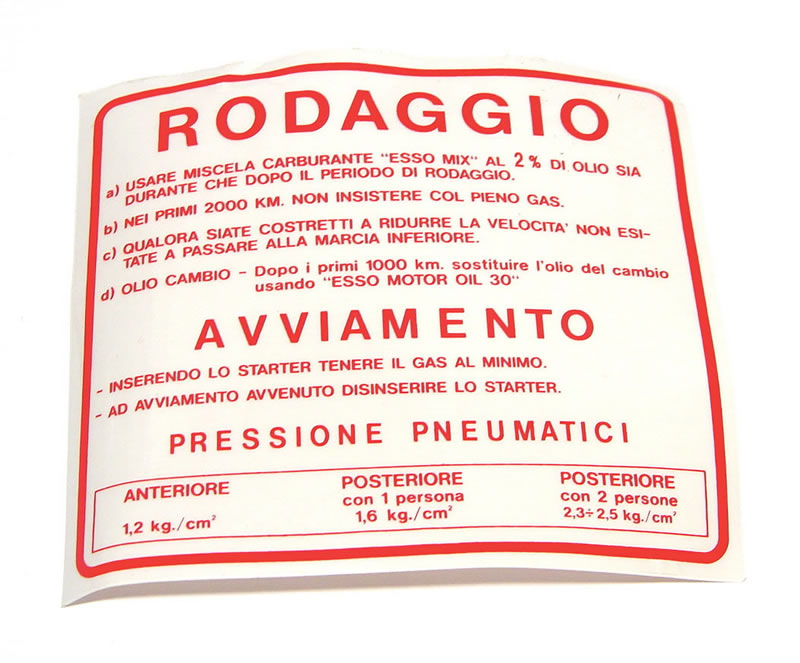 Σήμα - αυτοκόλλητο "RODAGGIO" για στρώσιμο κινητήρα.