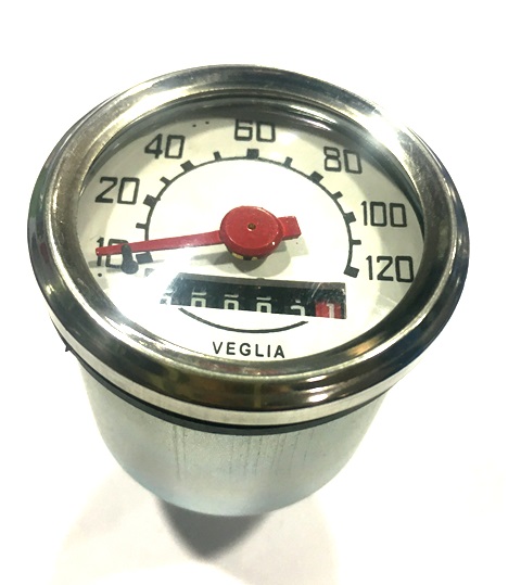 Speedometer for Vespa 50 round, d: 52mm, 120 km/h, white face with black numbers, with chrome ring, connection 2,7mm.