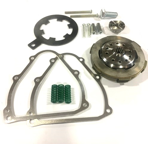 Clutch DRT RACE for Vespa 50-125, ET3, PK50-125, XL, FL 4 cork plates thikness 2.5mm, 8 green springs, 3 metal discs thikness 1.2mm, with clutch cover spacer 1.0mm, race clutch basket, including puller