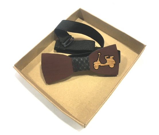 Wooden bow tie dark brown (bordeaux) with Vespa in the color of wood.Perfect for gift.