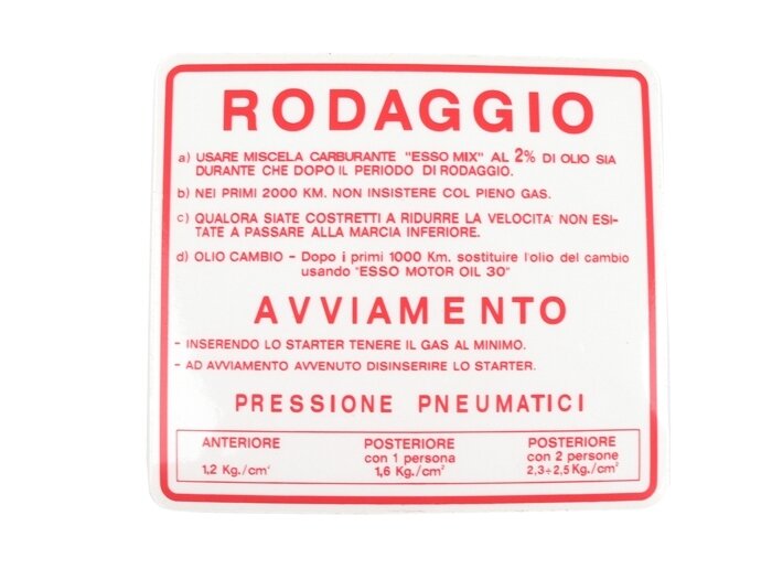 Sticker with rules for run-in , Rodaggio, for Vespa 180-200 Rally, red, 127 x 115 mm