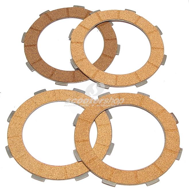 Clutch Friction Plates Ferodo "Cosa 2 type" for Cosa 2 type clutch (8 springs) for Vespa PX125-200 E after 1995, Cosa 2 late type, D: 108mm, 4 cork plates, thikness 1x2.45, 1x3.10, 2x3.15mm.