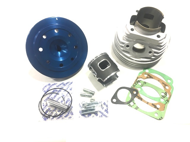 Cylinder Parmakit 130cc for Vespa Primavera, ET3, PK, PK XL, FL  Ø 57.00mm, aluminium, 5 ports, stroke 51.00mm, con rod 97mm with cylinder head CNC blue, Sport-Tuning, high performance and reliable.
