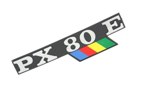 Badge "PX80E" side panel left for Vespa PX80 E Lusso 130x33mm black, aluminium, fixation: 2 pins pin distance: 105mm