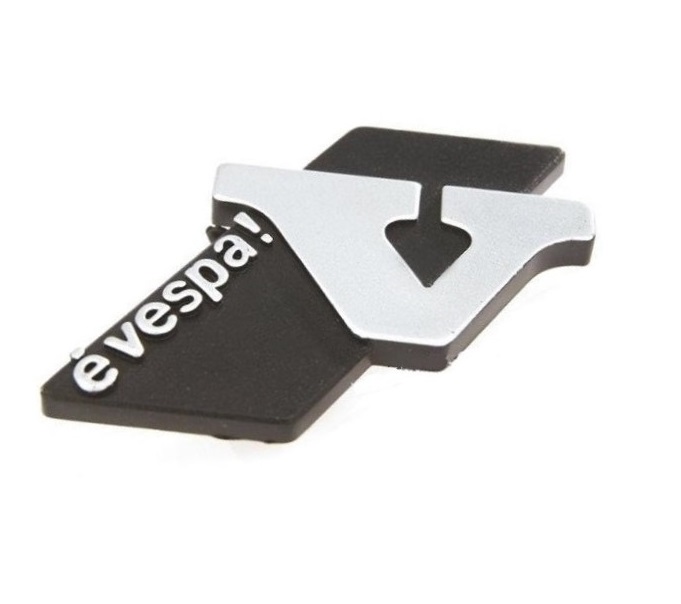 Badge "eVespa!", glove box for Vespa PK50XL FL, HP, Plurimatic, Automatica, XL2, PK125 N, XL2 black, aluminium.