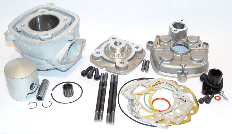 Cylinder Malossi Ø 47,6 MHR complete with modular cylinder head with one - ring piston with Ø 12 pin for Aprilia - Derbi - Gilera - Piaggio (minimoto). Aluminium watercooled. For longer connecting rod.