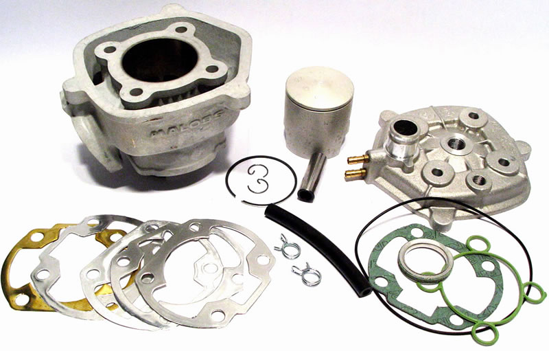 Cylinder Malossi Ø 47,6 MHR complete with cylinder head with one - ring piston with Ø 12 pin for Aprilia - Derbi - Gilera - Piaggio. Aluminium watercooled.