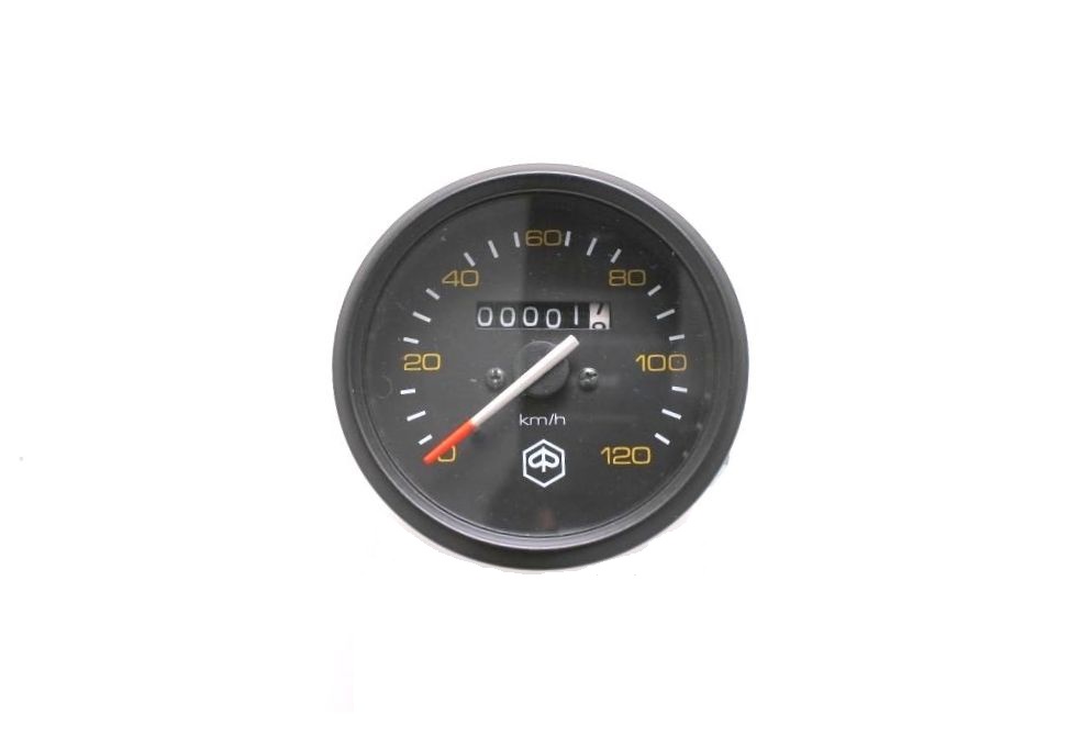 Speedometer PIAGGIO for Vespa P80-150X, 200E, P150S, P200E Ø 85mm, -120km/h, face: black, yellow numbers, ring: black, emblem: PIAGGIO hexagon