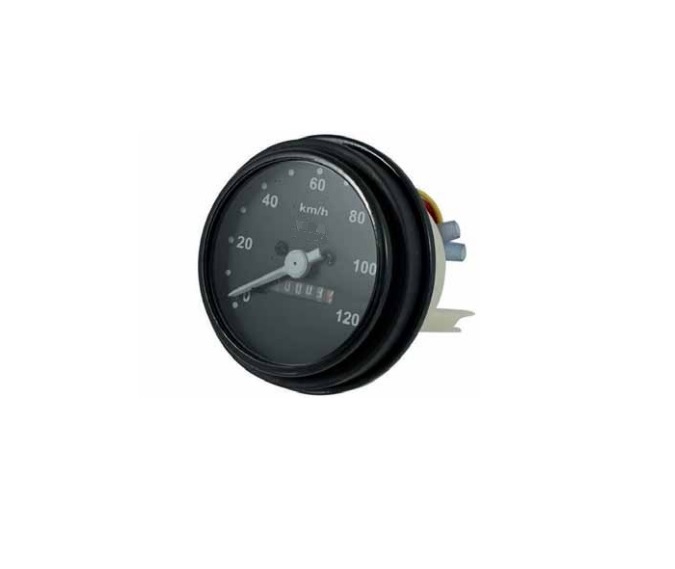 Speedometer for Vespa PK50-125, S, SS round, d: 70mm, -120 km/h, black with white numbers.