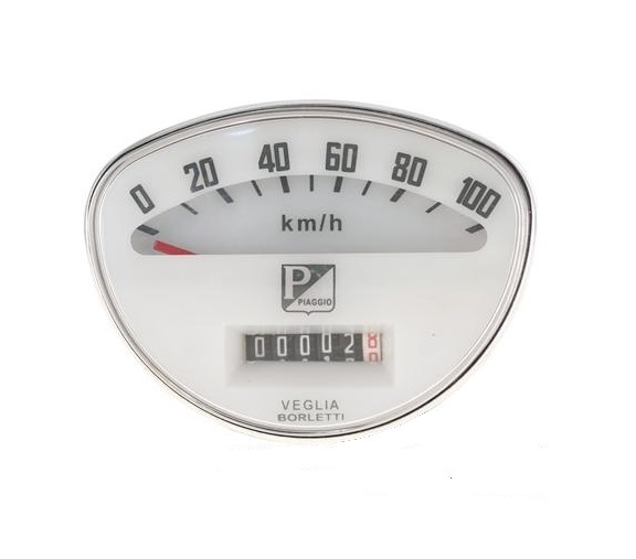 Speedometer for Vespa 50 SS, SR, 90 SS, 150 Super oval, Ø 81x61 mm, -100km/h, face: white, blue numbers, ring: chrome, emblem: old PIAGGIO, connection: 2,7mm, metal casing